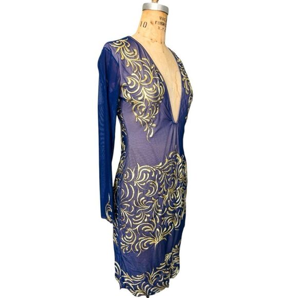 HOLT Maison De Luxe Hand Painting Navy & Gold Mini Embroidered Dress Size L - Picture 2 of 8